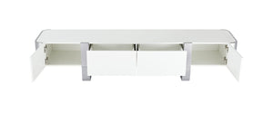 English Elm Contemporary Gold Frame Glass Shelf TV Stand with Soft Close Cabinet for Living Room White and Silver B2741P565633