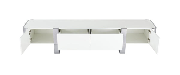 English Elm Contemporary Gold Frame Glass Shelf TV Stand with Soft Close Cabinet for Living Room White and Silver B2741P565633