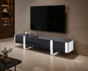 English Elm Contemporary Gold Frame Glass Shelf TV Stand with Soft Close Cabinet for Living Room Black and Silver B2741P565634