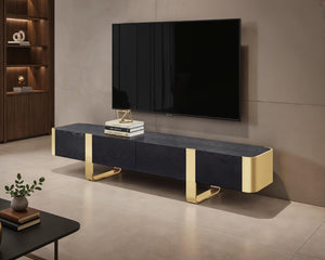 English Elm Contemporary Gold Frame Glass Shelf TV Stand with Soft Close Cabinet for Living Room Black and Gold B2741P565635