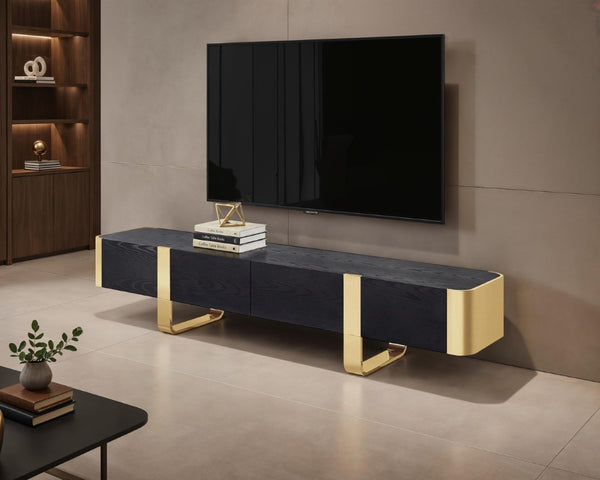 English Elm Contemporary Gold Frame Glass Shelf TV Stand with Soft Close Cabinet for Living Room Black and Gold B2741P565635