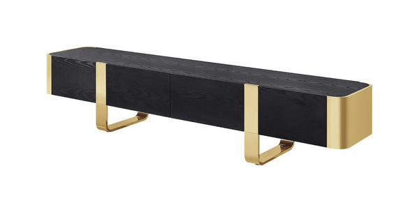 English Elm Contemporary Gold Frame Glass Shelf TV Stand with Soft Close Cabinet for Living Room Black and Gold B2741P565635