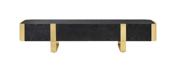 English Elm Contemporary Gold Frame Glass Shelf TV Stand with Soft Close Cabinet for Living Room Black and Gold B2741P565635