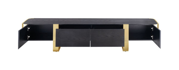 English Elm Contemporary Gold Frame Glass Shelf TV Stand with Soft Close Cabinet for Living Room Black and Gold B2741P565635