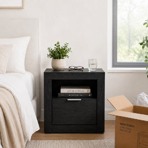 English Elm Contemporary Matte Black Nightstand with Dovetail Drawer and Open Shelf for Modern Bedrooms Black Engineered Wood,Rubber Wood 21.8 L x 16.5 W x 23.5 H B2741P569428