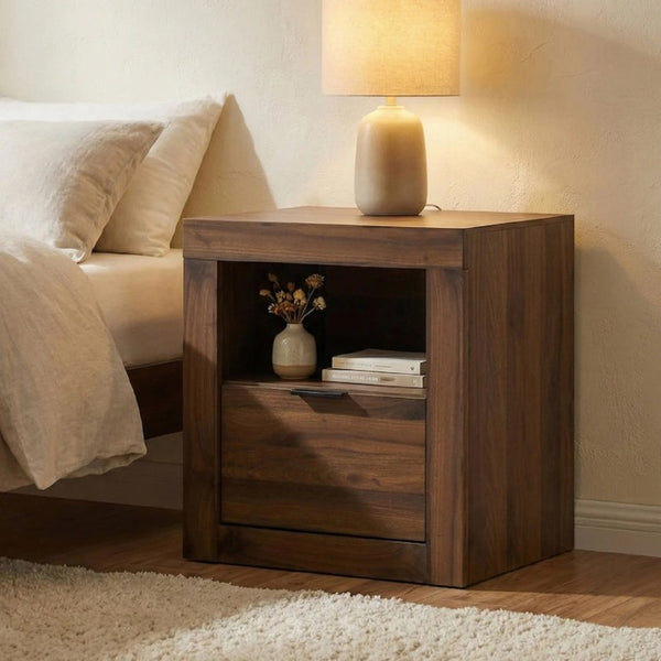 English Elm Walnut Finish Nightstand with Dovetail Drawer and Finger Pull for Modern Bedrooms Walnut 21.8 L x 16.5 W x 23.5 H B2741P569429