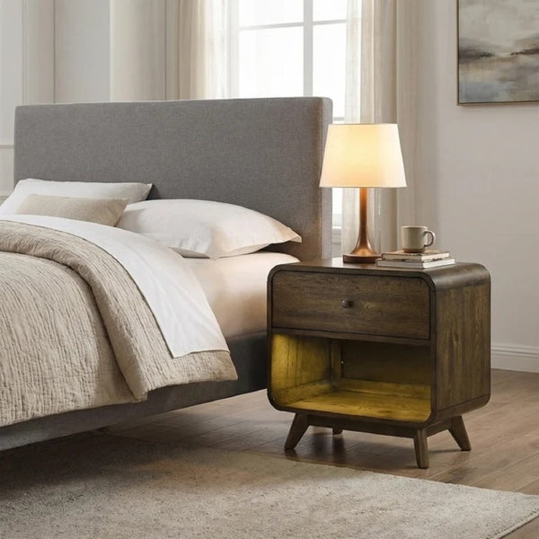 English Elm Transitional Nightstand with Curved Drawers Plinth Base and Warm Wood Grain Bedroom Appeal Oak 27 L x 16 W x 26.5 H B2741P569430