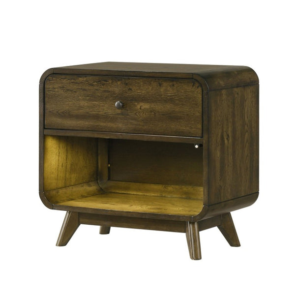 English Elm Transitional Nightstand with Curved Drawers Plinth Base and Warm Wood Grain Bedroom Appeal Oak 27 L x 16 W x 26.5 H B2741P569430