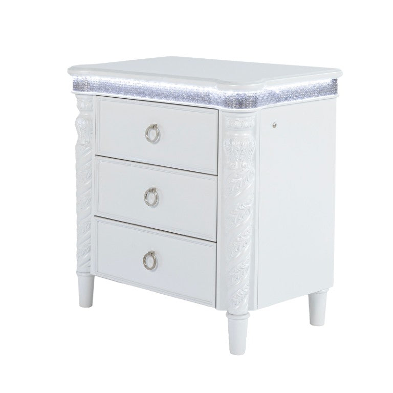 English Elm Glam Pearl White Nightstand with Rope Twist Carving LED Touch Lighting Open Cubby B2741P569508