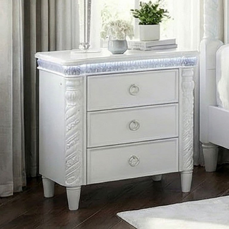 English Elm Glam Pearl White Nightstand with Rope Twist Carving LED Touch Lighting Open Cubby B2741P569508