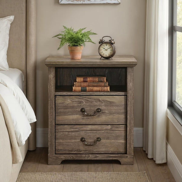 English Elm Dark Wood Grain Nightstand Set of Two with Open Shelf and Metal Handles for Rustic Bedrooms Dark Gray B2741P569544
