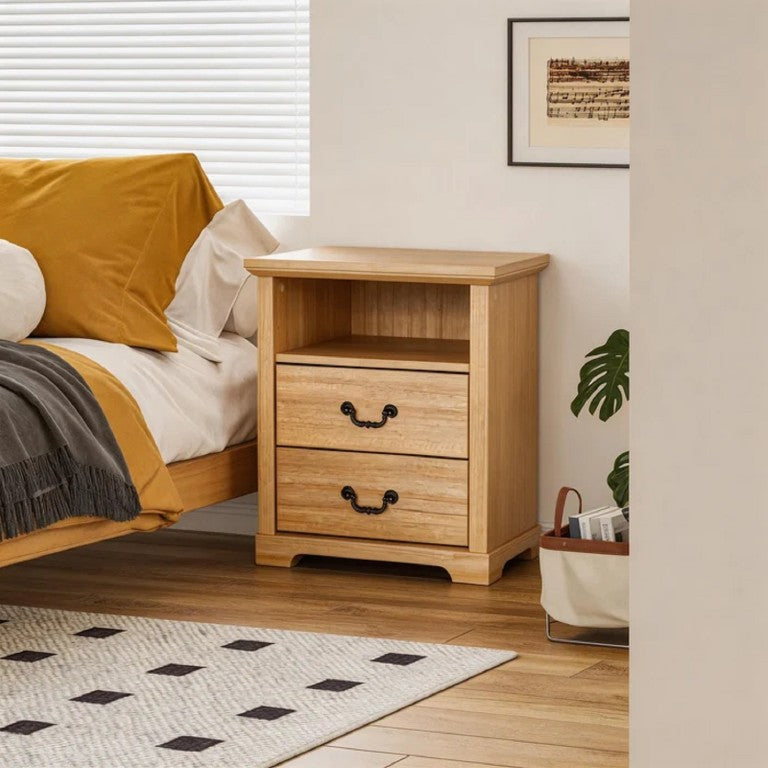 English Elm Dark Wood Grain Nightstand Set of Two with Open Shelf and Metal Handles for Rustic Bedrooms Natural B2741P569545