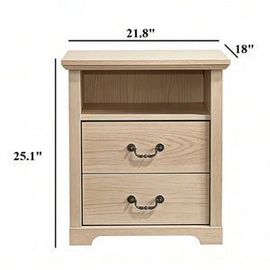 English Elm Dark Wood Grain Nightstand Set of Two with Open Shelf and Metal Handles for Rustic Bedrooms Natural B2741P569545