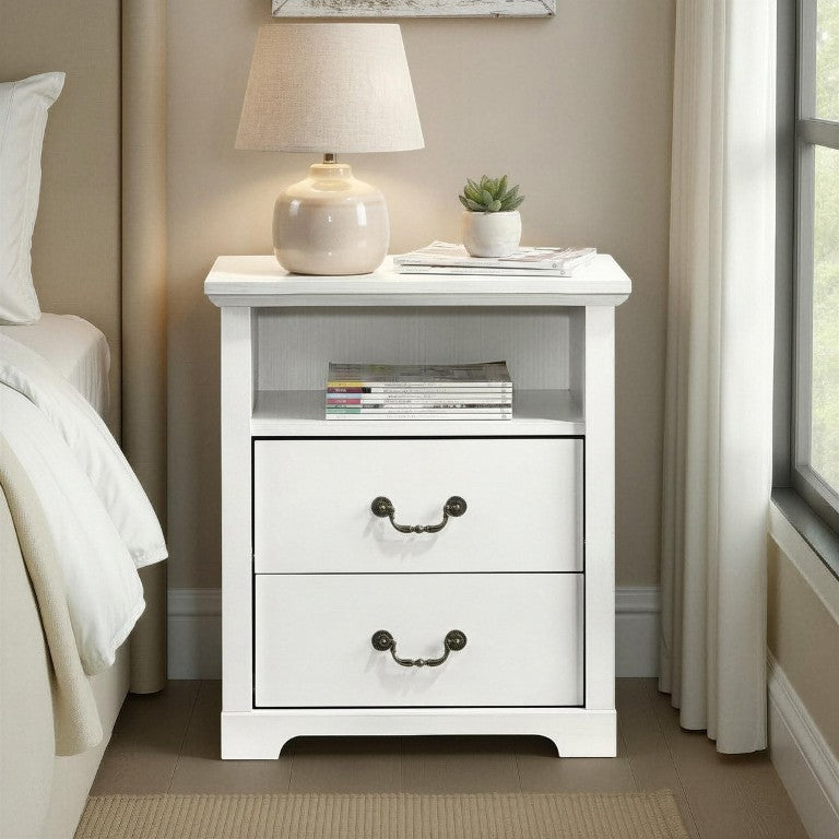 English Elm Open Shelf Nightstand Farmhouse Wood Grain White Finish with Metal Handle Accent B2741P569547