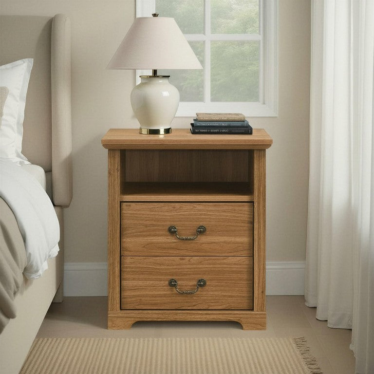 English Elm Rustic Walnut Finish Nightstand with Open Shelf and Metal Handle for Farmhouse Bedrooms B2741P569552