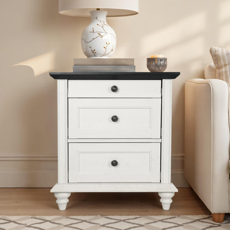 English Elm White Two-Tone Farmhouse Nightstand with Wood Grain Drawer and Open Cubby Storage B2741P569560