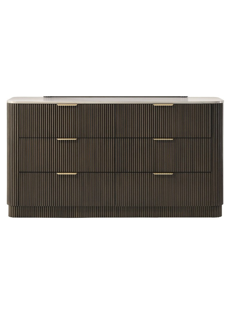 English Elm Dark Walnut Wide Dresser with Marble Top Gold Pulls and Reeded Base for Bedroom B2741P569561
