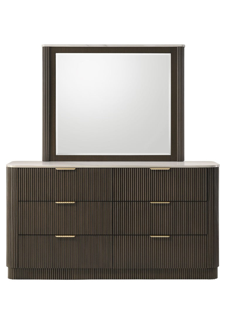 English Elm Dark Walnut Wide Dresser with Marble Top Gold Pulls and Reeded Base for Bedroom B2741P569561