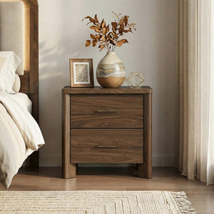 English Elm Transitional Nightstand with Curved Drawers Plinth Base and Warm Wood Grain Bedroom Appeal Walnut 23 L x 15.5 W x 24 H B2741P569585