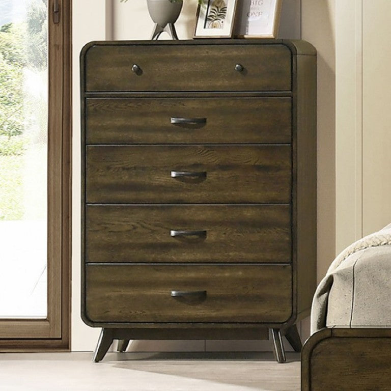 English Elm Mid Century Modern Rustic Oak Chest with Tapered Legs and Smooth Metal Drawer Glides B2741P569590