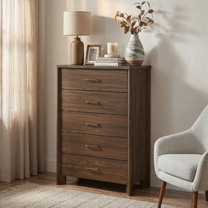 English Elm Transitional Wood Grain Chest with Curved Drawers Plinth Base and Natural Warm Finish Walnut 35.5 L x 17.5 W x 51 H B2741P569591