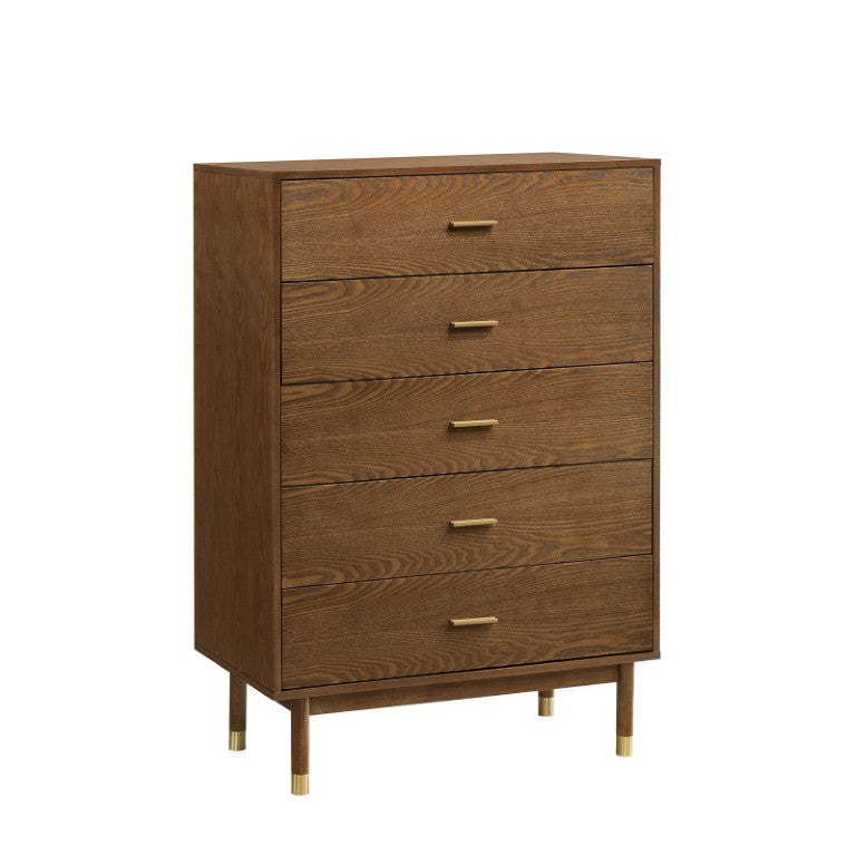 English Elm Mid Century Modern Walnut Chest with Gold Tapered Legs and Bar Pulls for Bedroom B2741P572042
