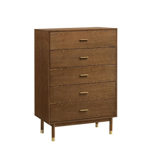 English Elm Mid Century Modern Walnut Chest with Gold Tapered Legs and Bar Pulls for Bedroom B2741P572042