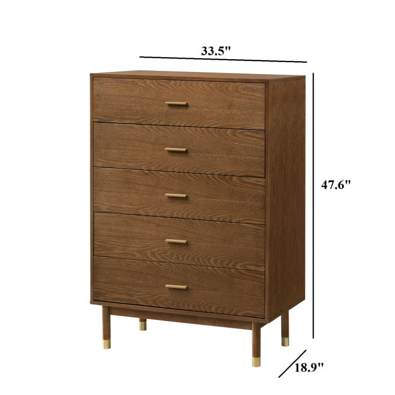 English Elm Mid Century Modern Walnut Chest with Gold Tapered Legs and Bar Pulls for Bedroom B2741P572042
