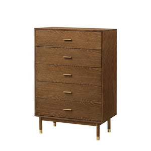 English Elm Mid Century Modern Walnut Chest with Gold Tapered Legs and Bar Pulls for Bedroom B2741P572042