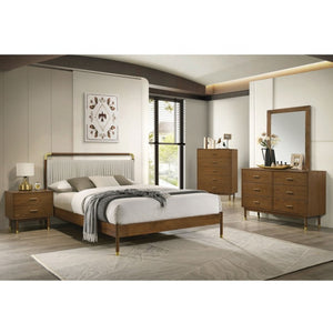 English Elm Mid Century Modern Walnut Chest with Gold Tapered Legs and Bar Pulls for Bedroom B2741P572042