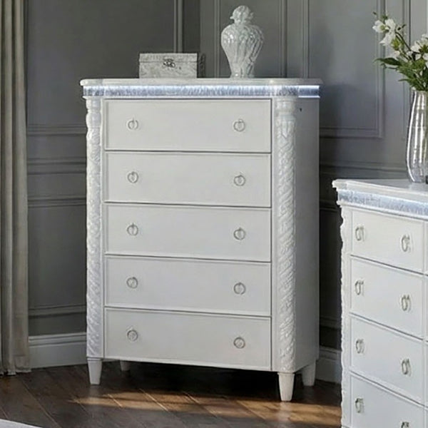English Elm Glam Pearl White Chest with LED Lighting Rope Twist Carvings and Dovetail Drawers B2741P572043