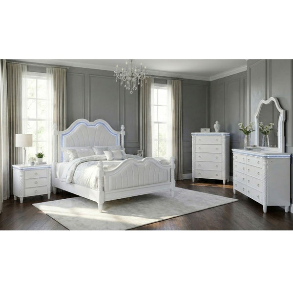 English Elm Glam Pearl White Chest with LED Lighting Rope Twist Carvings and Dovetail Drawers B2741P572043