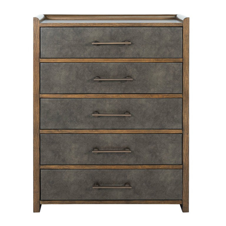 English Elm Dark Walnut Two Tone Chest with Faux Leather Fronts and Ball Bearing Glides B2741P572046