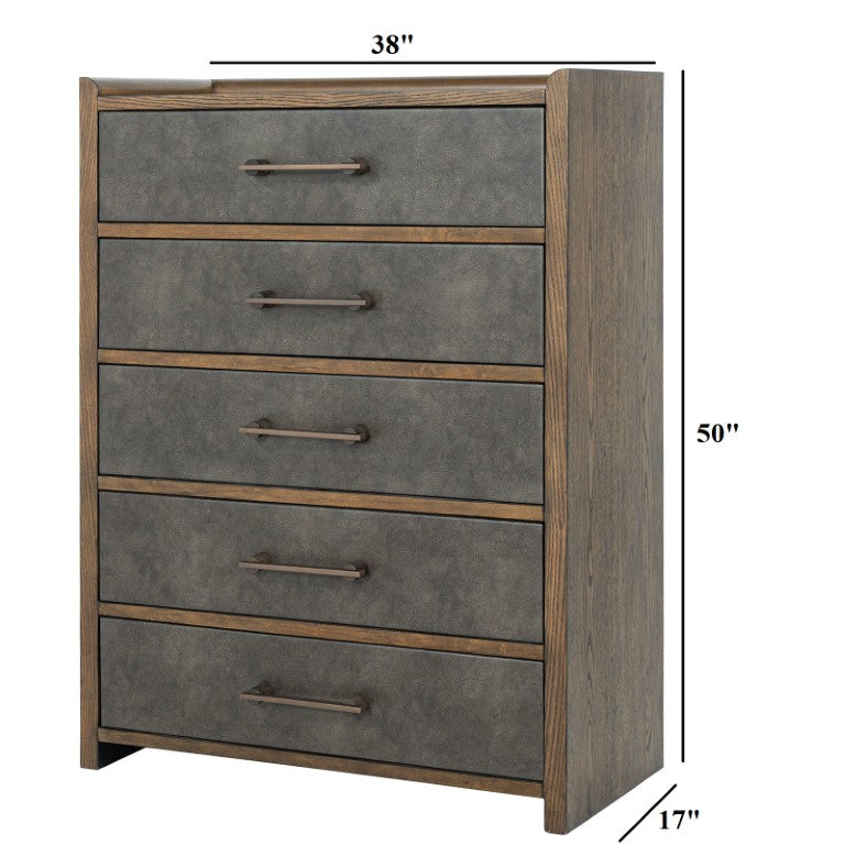 English Elm Dark Walnut Two Tone Chest with Faux Leather Fronts and Ball Bearing Glides B2741P572046