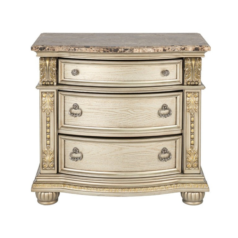 English Elm Genuine Marble Top Baroque Nightstand with Leaf Carving and Champagne Gold Finish B2741P572055