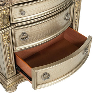 English Elm Genuine Marble Top Baroque Nightstand with Leaf Carving and Champagne Gold Finish B2741P572055