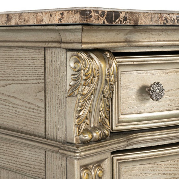 English Elm Genuine Marble Top Baroque Nightstand with Leaf Carving and Champagne Gold Finish B2741P572055
