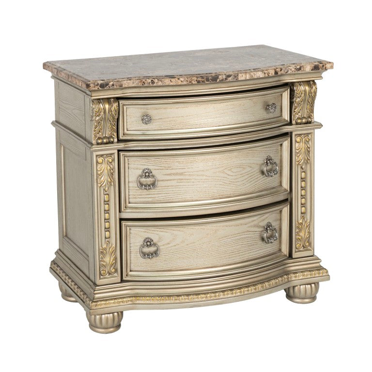 English Elm Genuine Marble Top Baroque Nightstand with Leaf Carving and Champagne Gold Finish B2741P572055