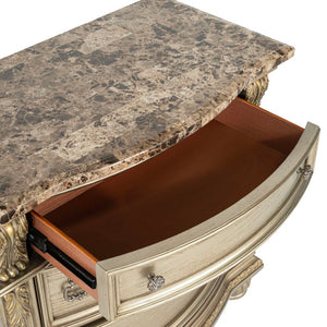 English Elm Genuine Marble Top Baroque Nightstand with Leaf Carving and Champagne Gold Finish B2741P572055