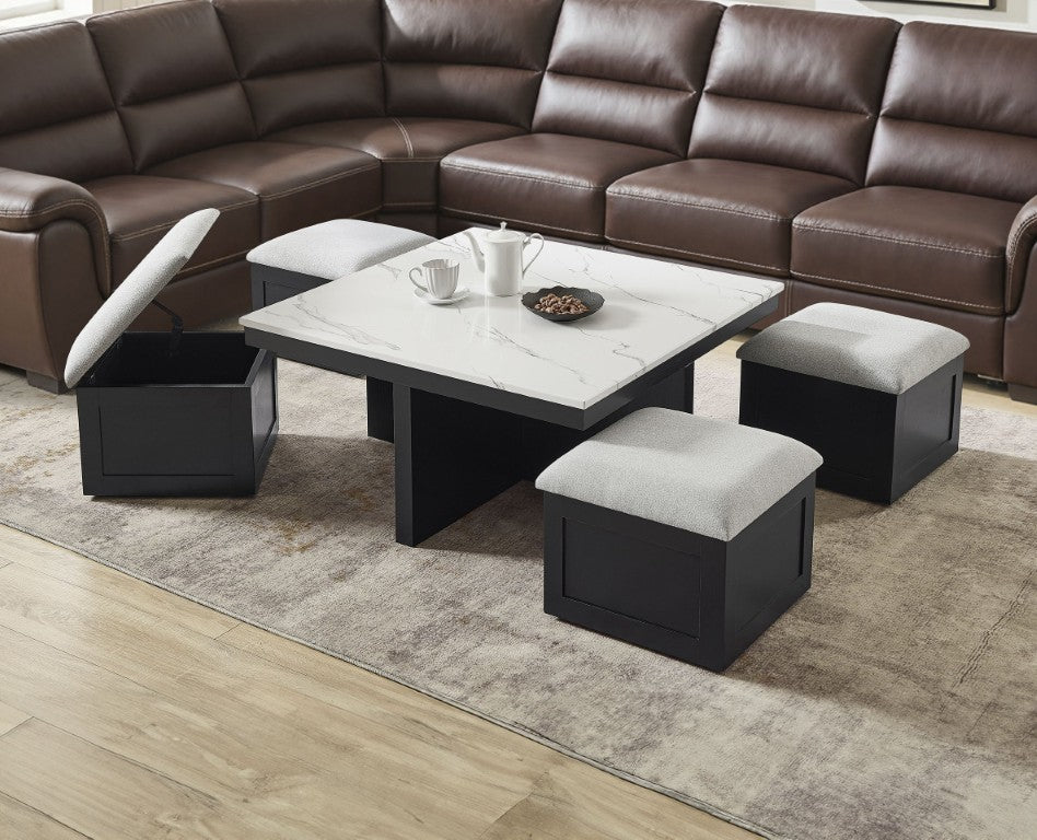 English Elm Modern Faux Marble Square Coffee Table Set with Four Hidden Storage Ottomans B2741P580881