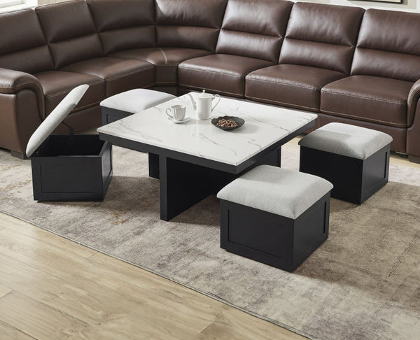 English Elm Modern Faux Marble Square Coffee Table Set with Four Hidden Storage Ottomans B2741P580881
