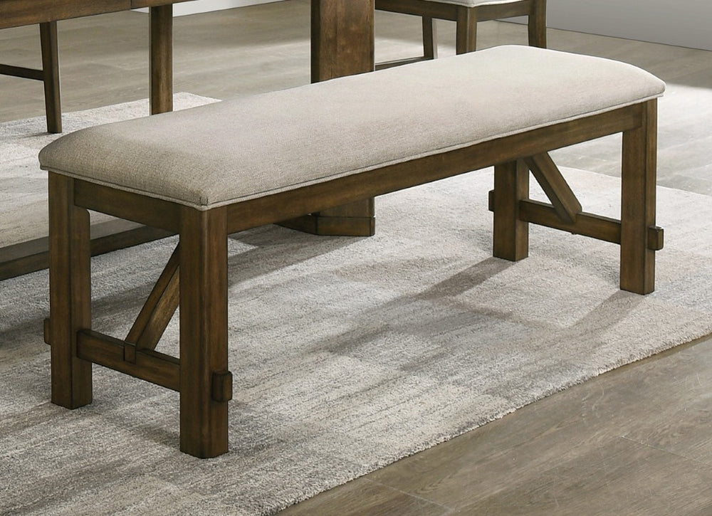 English Elm 1Pc Upholstered Dining Bench Beige Fabric Cushioned Seat Warm Brown Wooden Legs B2741P582083