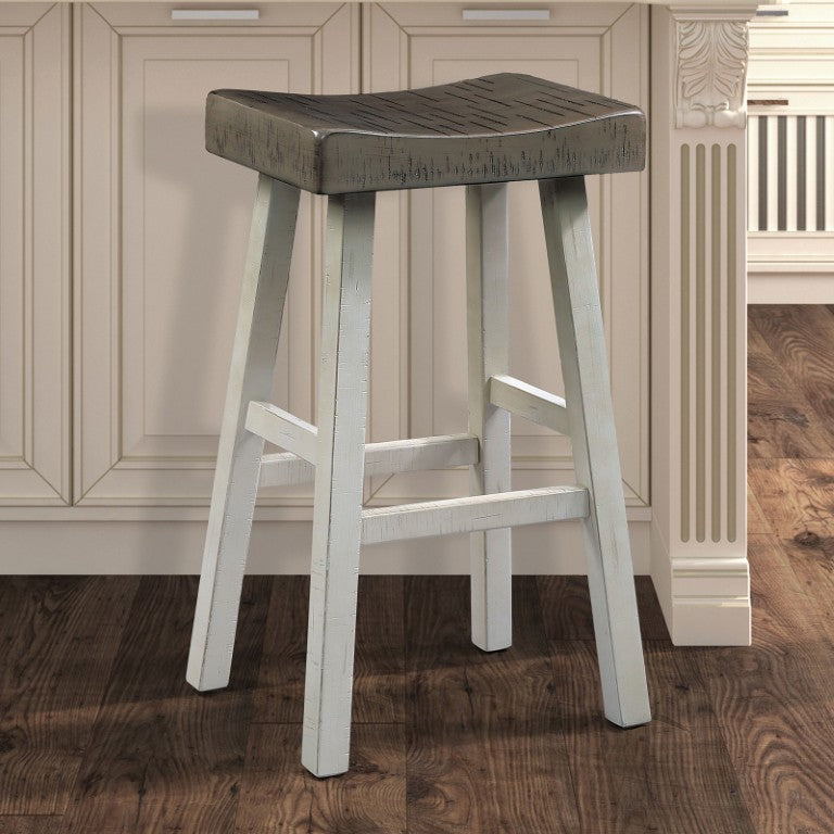 English Elm Transitional Solid Frame Counter Stools with Contoured Seat for Kitchen Islands 2Pc Set White+Gray Solid Wood B2741P587683