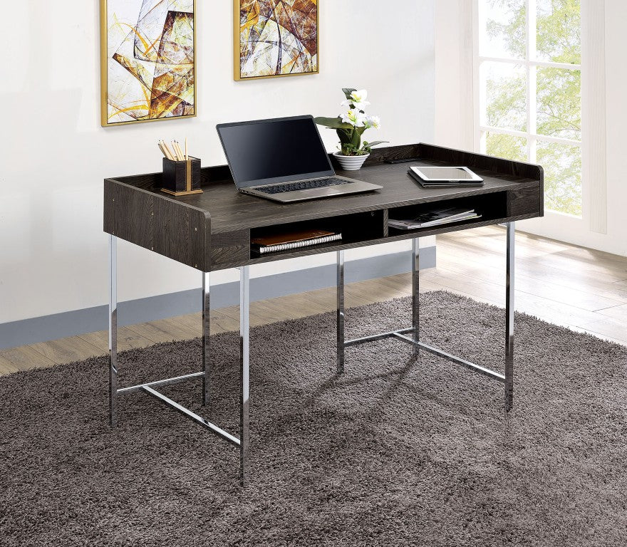 English Elm Contemporary Home Office Desk with USB Port Open Drawer and Sleek Polished Legs Brown, Chrome Metal B2741P587894