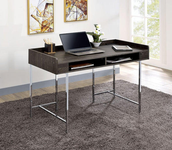 English Elm Contemporary Home Office Desk with USB Port Open Drawer and Sleek Polished Legs Brown, Chrome Metal B2741P587894