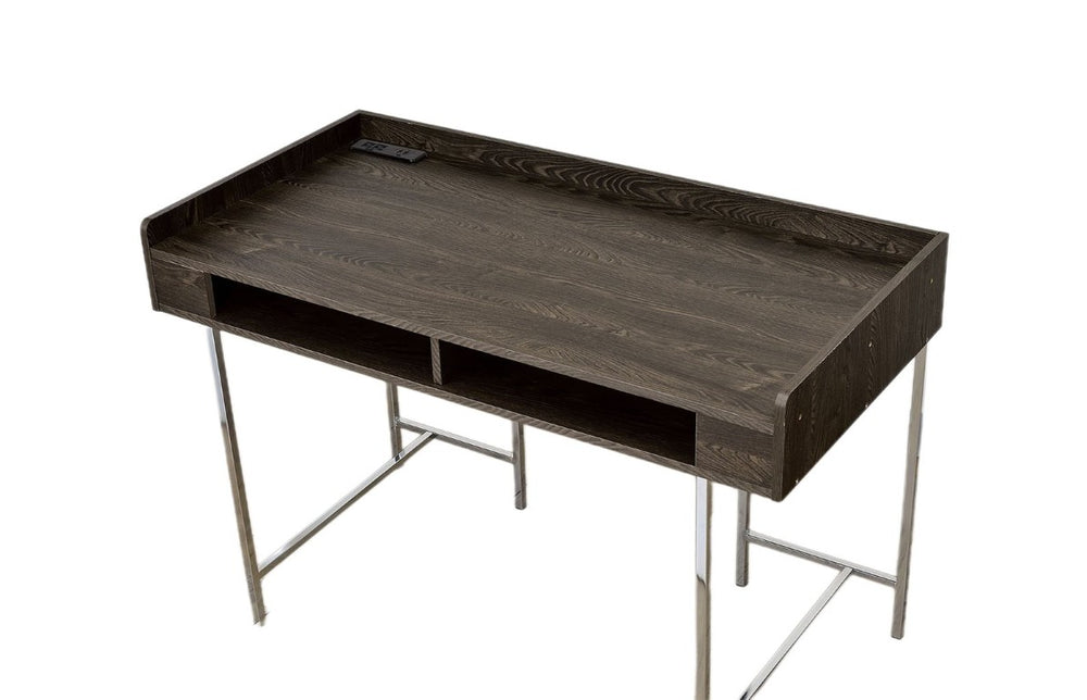English Elm Contemporary Home Office Desk with USB Port Open Drawer and Sleek Polished Legs Brown, Chrome Metal B2741P587894