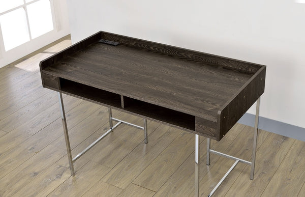 English Elm Contemporary Home Office Desk with USB Port Open Drawer and Sleek Polished Legs Brown, Chrome Metal B2741P587894
