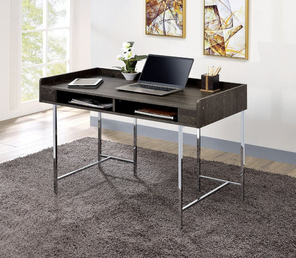 English Elm Contemporary Home Office Desk with USB Port Open Drawer and Sleek Polished Legs Brown, Chrome Metal B2741P587894