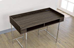 English Elm Contemporary Home Office Desk with USB Port Open Drawer and Sleek Polished Legs Brown, Chrome Metal B2741P587894