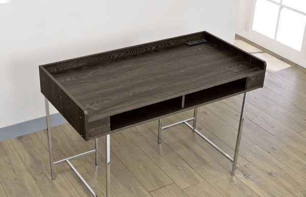 English Elm Contemporary Home Office Desk with USB Port Open Drawer and Sleek Polished Legs Brown, Chrome Metal B2741P587894